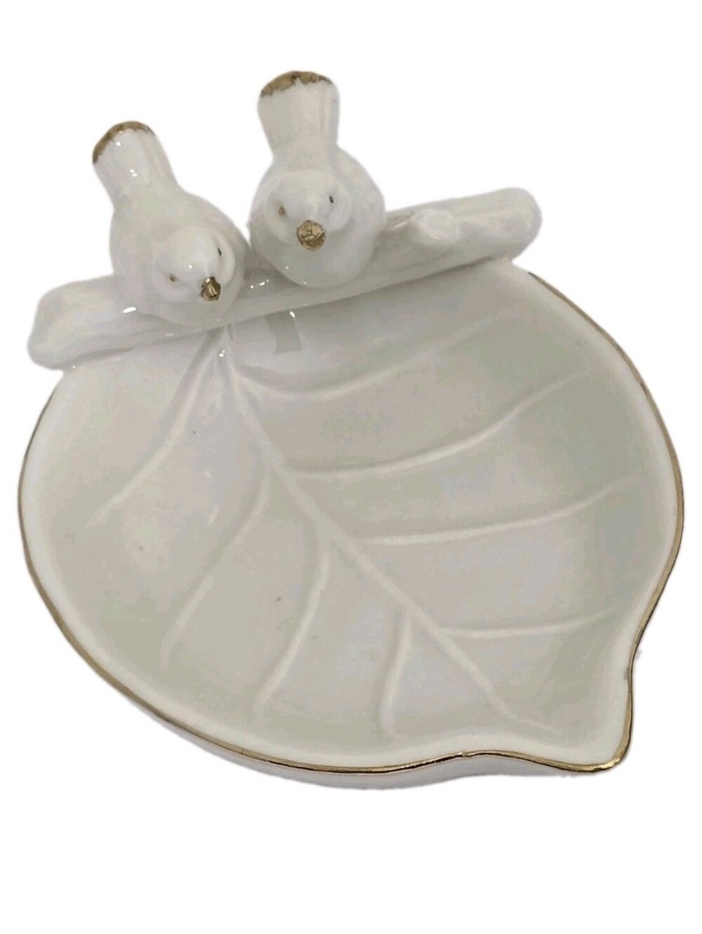 vintage PIER 1 imports Trinket Tray Two Birds Porcelin White Gold Trim